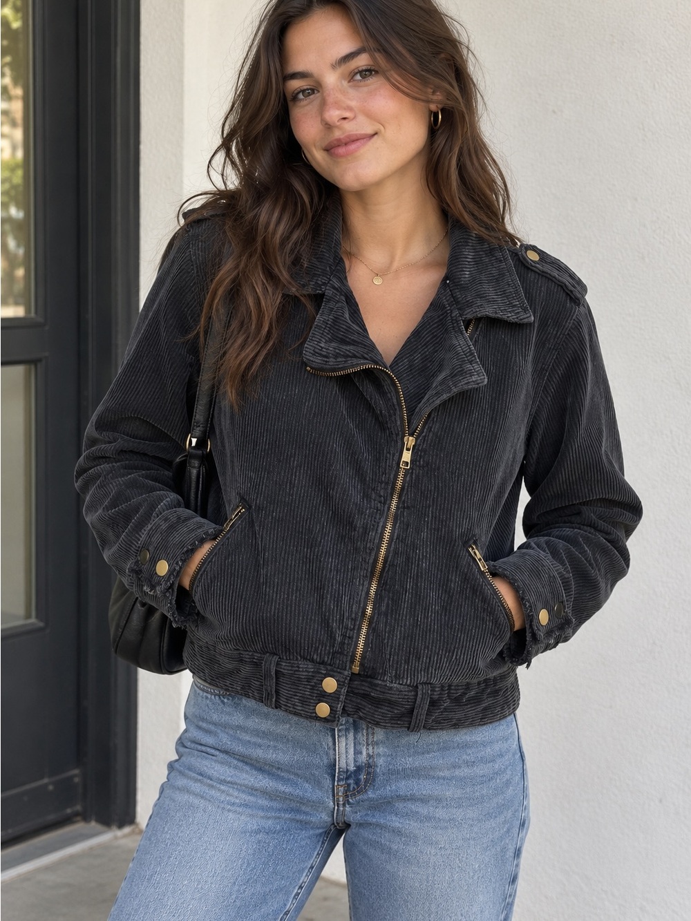 POL Charcoal Corduroy Moto Jacket Brass Hardware Cropped Size S